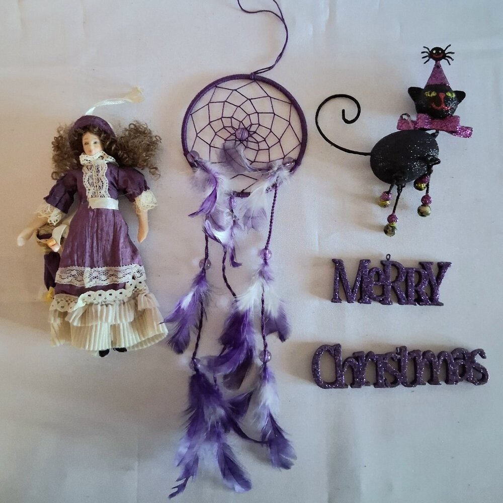 Lot of 5 Purple Ornaments, Including Ceramic Doll